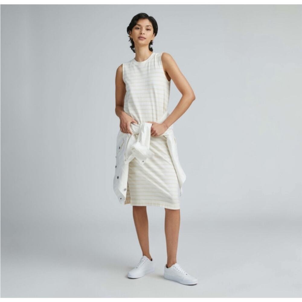Everlane Size Small Weekend Tank Dress White Tan Striped Organic Cotton Slits